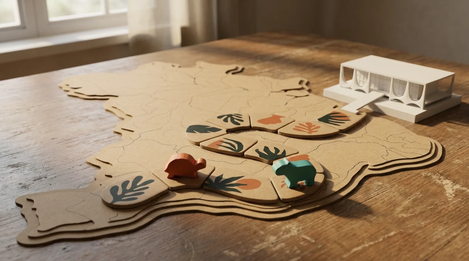 Tabuleiro de papel kraft em forma de mapa, com um jabuti terracota e uma capivara verde-petróleo a caminho de um pequeno palácio branco.